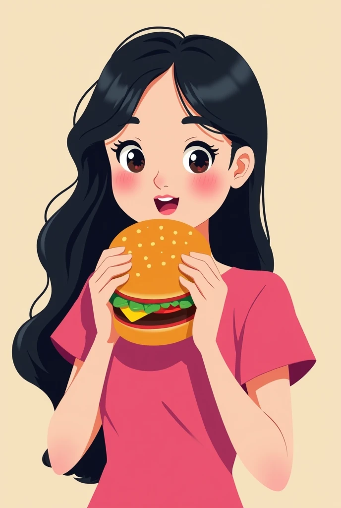 Cartoon of happy woman eating hamburger with black hair and pink dress