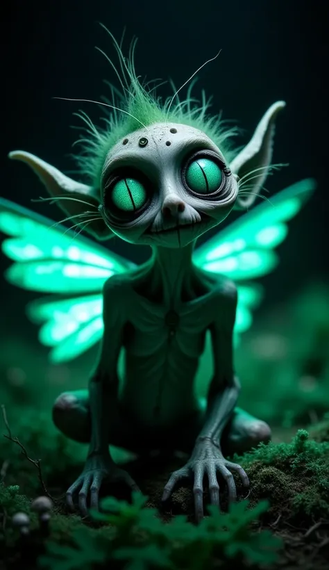 Pixie zombie elves , adorable,  large bioluminescent wings, cave background, 1,   inside a dark forest , at night.