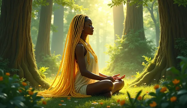 Oshun meditating in the woods. Veil of yellow beads.