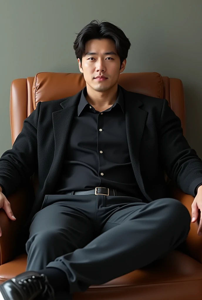 A Korean man is wearing a black cardigan, black slacks, and sits with his legs spread apart in a chair
The mans face must have an Asian face, big eyes, and a warm face unique to Korea, so he must be good-looking.
Men wearing black slacks have slightly thic...