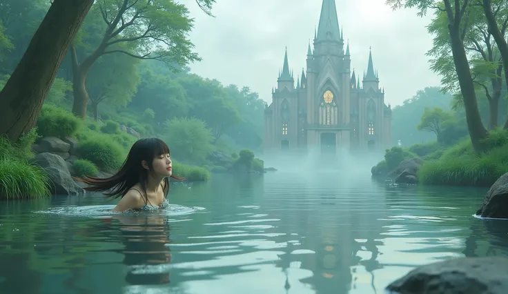 Quiet Lake、 fantasy standing in a church、anime、Girl playing in the water