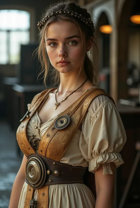 a young Roman woman wearing clothes from the industrial era of the nobility inspired by the Roman Empire