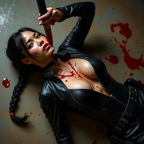 Beautiful asian woman with braided ponytail, huge breasts, cleavage showing, full body skin tight leather body suit. Stiletto boots. The body suit has unzipped plunging zipper front. The body suit has black utility belt and a gun in a thigh holster. Female...