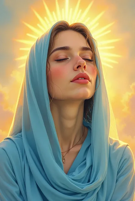 Colorful pencil Drawing art of a woman with closed eyes and mouth and a sky blue veil praying with golden rays of sunlight in the background