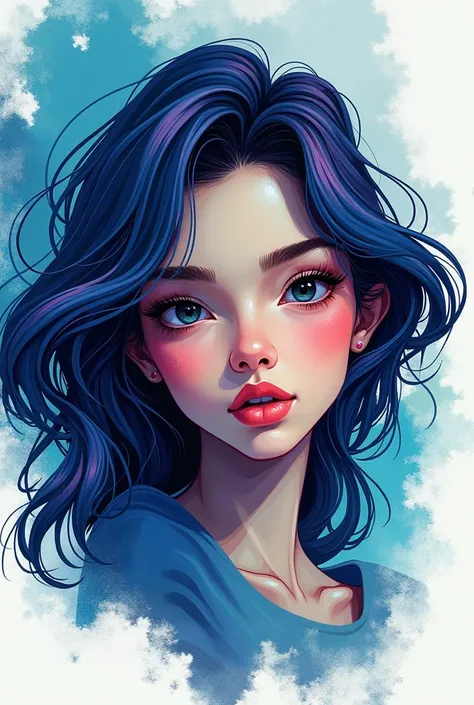 Create a hyper-stylized artistic portrait focusing only on the face of a person with bold, flowing hair and expressive features. The face should be detailed and vibrant, with clean lines and painterly textures. Use a unique color palette featuring cool ton...