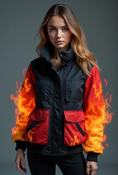 I want a jacket with the sleeves in gradient colors white, red and sky blue in flames and for the chest area all black with pockets. . for women 