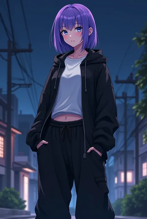  purple hair, medium hair, blue eyes , pretty girl,Neutral,cool, boyish, Tall,Muscular, pure white skin,Beautiful breasts, nice butt,Handsome Girls, black hoodie,Im wearing a white jumper over my hoodie,black harem pants, anime style,Residential area at ni...