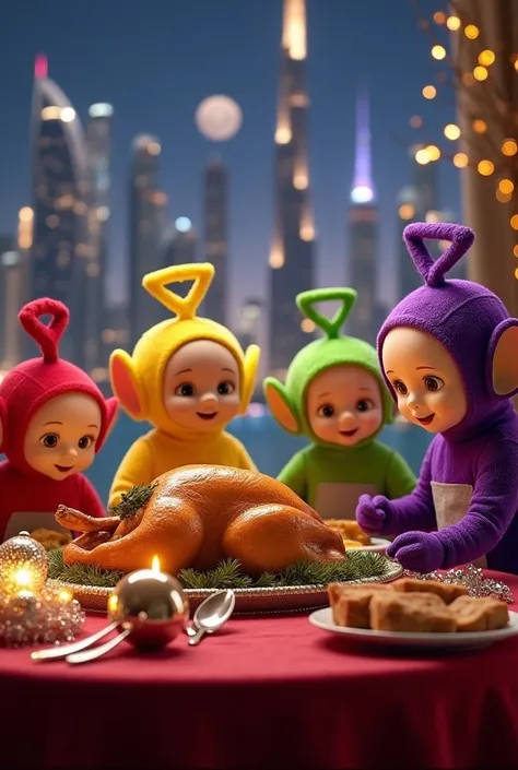 Teletubies eating roasted turkey in Dubai with Christmas decorations