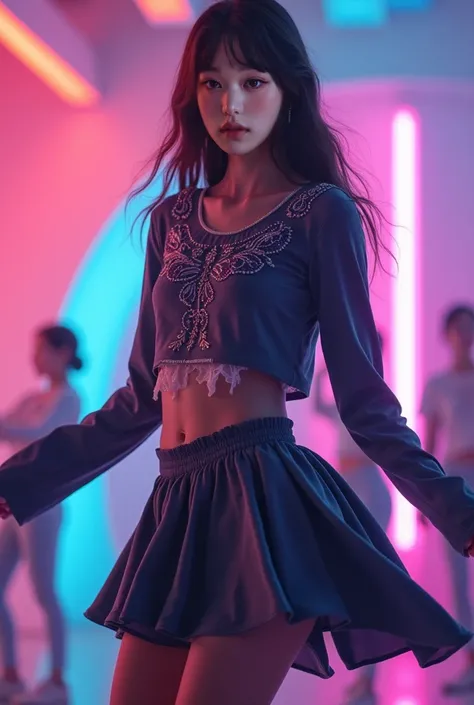 a girl, music video set, colorful, dancing, 2016 kpop outfit, long sleeved top, skirt, darker colors, pale skin