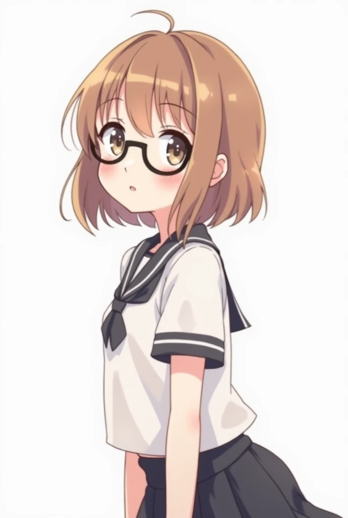  character  {girl} + {{short light brown hair} + {{short sleeve white school uniform }} + {black tie} + {{{ glasses with black frames and slightly rounded at the bottom}}} + {{{{ flushed cheeks }}}} + {{{age 18 years}}}
art style: {{{{anime}}}}
Scenery {{f...