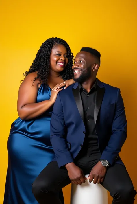 A beautifully composed studio portrait of a joyful Black couple in a formal setting. The woman has a very curvy and plus-sized figure, wearing an elegant blue satin dress that highlights her features. Her hair is styled in long braids cascading over her sh...