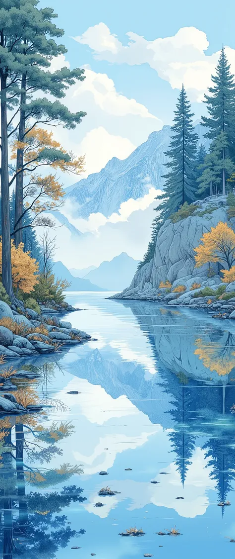 (masterpiece:1.2,Outstanding quality,Mirror finish, Best Illustration ),8k,16k,wallpaper,(Quiet Lake),(morning haze),(Quiet Lake畔の森の影),(Watercolor),( Dynamic ),( beautiful gradation),(Tranquility VFX )