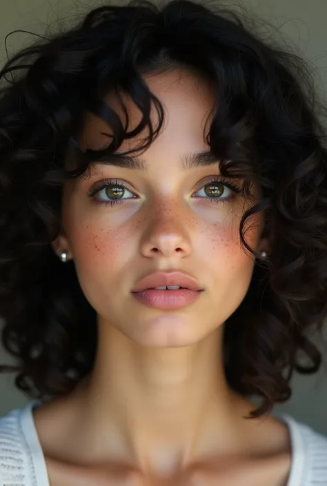 White girl, curly black hair, freckles, dark green eyes, looking straight ahead, photo, the photo is professionally taken.