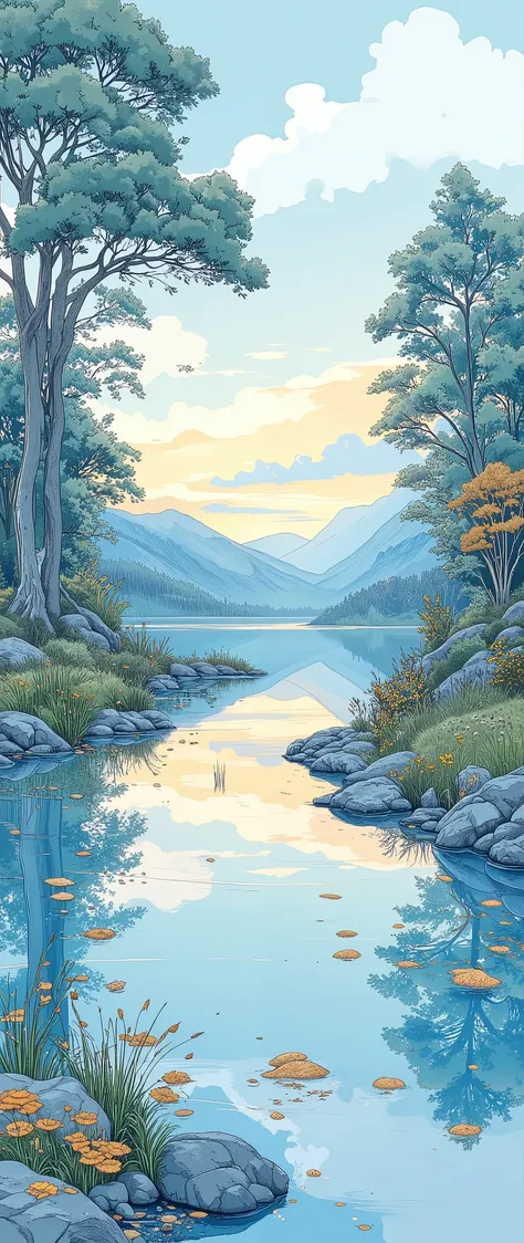 (masterpiece:1.2,Outstanding quality,Mirror finish, Best Illustration ),8k,16k,wallpaper,(Quiet Lake),(morning haze),(Quiet Lake畔の森の影),(Watercolor),( Dynamic ),( beautiful gradation),(Tranquility VFX )