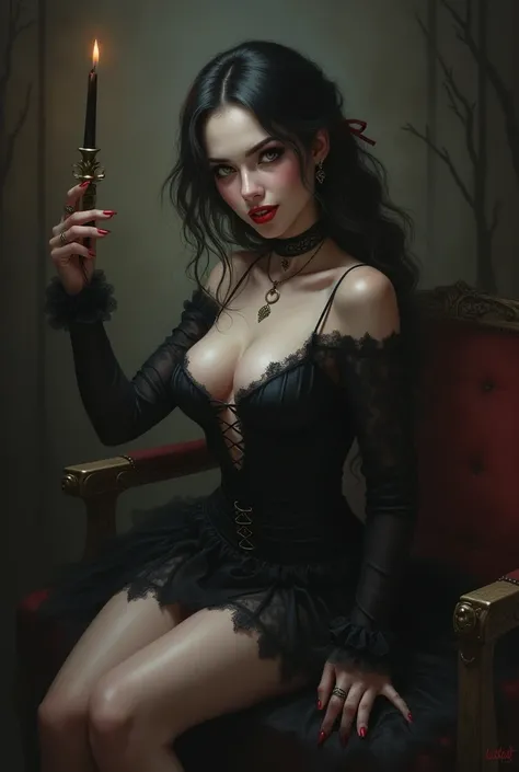 Very beautiful detailed cute tiny vampira teasing with her boobies, bending down looking back over shoulder, legs open, cute gothic dress, (( showing her cute fangs while sassy smiling)) 