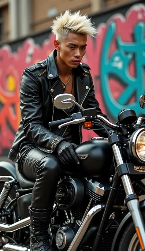 Realistic photos, ultra HD, best quality,  a white asian man ,  This man has a striking appearance with spiky hair that is bleached,  wearing studded leather jackets and gleaming leather pants , rough boot , radiates energy excitedly sitting on a harley bi...