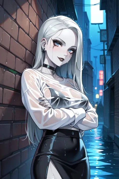 Expressiveh, masterpiece, best quality, score_9, score_8_up, score_7_up, score_6_up, score_5_up, score_4_up, 1girl, goth girl, (very pale skin, grey skin, white skin:1.4), eyeliner, eyeshadow, heavy makeup, looking at viewer, white hair, long hair, straigh...