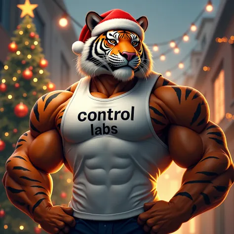  A muscular and confident anthropomorphic tiger ,  wears a white tank top with the phrase Control Labs printed in the center.  He is wearing a red Christmas hat with white borders . The tiger is in a heroic pose ,  highlighting his well-defined muscles . T...