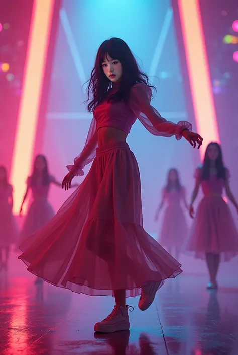 a girl, music video set, colorful, dancing, 2016 kpop outfit, long sleeved top, skirt, darker colors