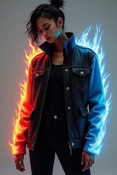 I want a jacket with sleeves in gradient colors of white, red and sky blue in flames and in that order and for the chest part, all black with pockets. 
 