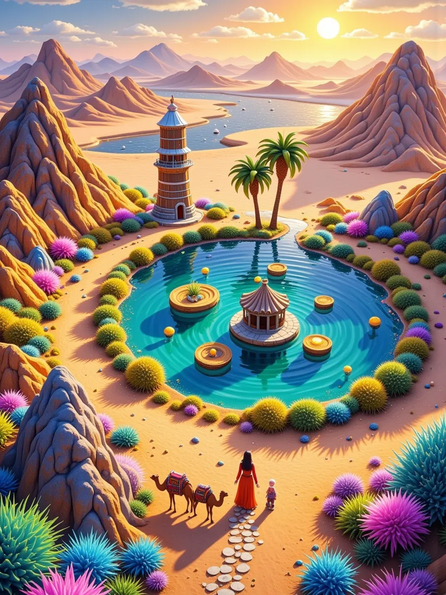 ai art prompt: in the vast expanse of a desert, at the center lies an oasis encircled by palm trees, with clear spring water gus...