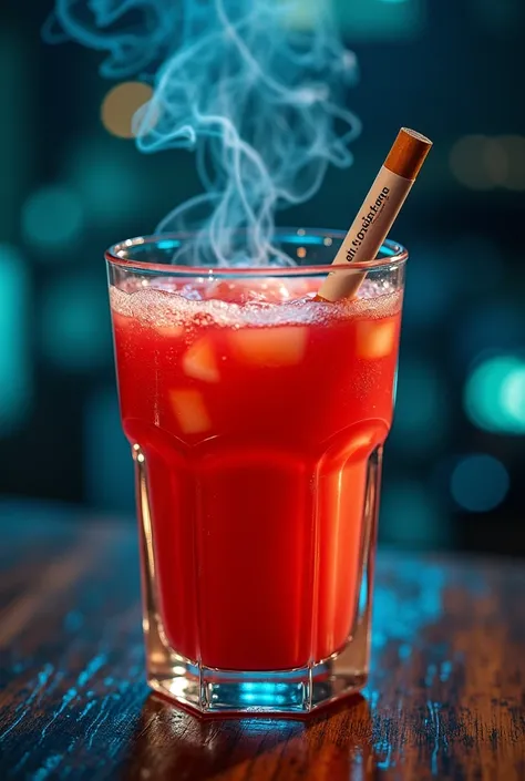  A glass of juice with a cigarette that says  "EHX-ception !".  It must contain aspects and details of technologies,  code and programming .  If possible in a subtle way some detail of electricity. The image may be surreal .