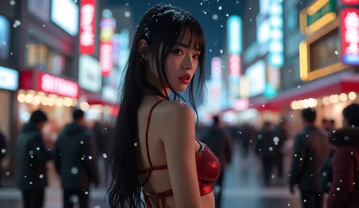 HD, retina, accurate, masterpiece, anatomically correct, textured skin, super detail, high details, award winning, best quality, highres, realistic, a hot Japanese  girl, sexy style posture, big breast, sexy micro skirt,  full body view, Shinjuku street ni...