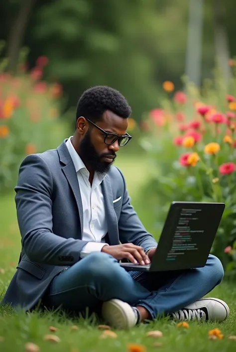 Black man down near the flowers with laptop try to solve codding issues in the laptop the laptop screen faces should show codding program dont show codding at the back of laptop,show on the screen 