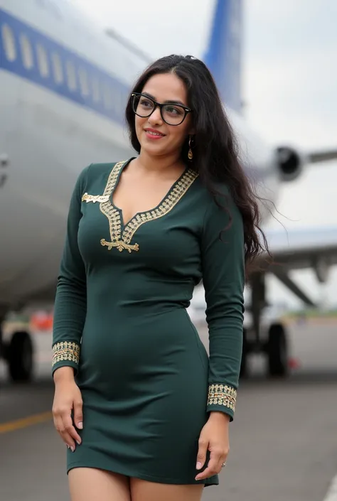 Ultra realistic 4k image of girl wearing dress of air hostess with big tits deep clevage,standing near aeroplane with black hairs and spectacles .