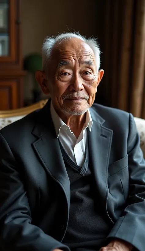 realistic photo of a 75 year old Indonesian man weighing 75 kg with close-cropped white hair wearing a suit sitting on the sofa