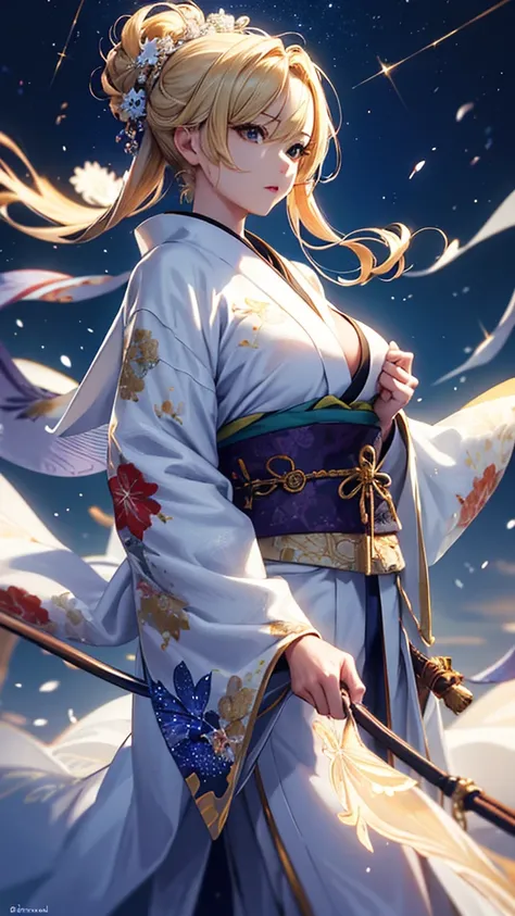     Masterpiece  ,              High Quality             , 4K, Beautiful design,  blonde alone       ， 非常に詳細な夜の             starry sky             , Illuminations，        Stunning ,           delicate details,  Very knowledgeable woman             , Highly...