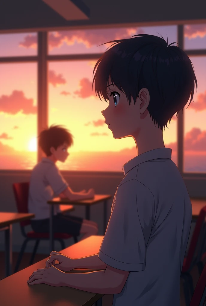 A boy looking at her classmate a few tables away, while theres a sunset on the school window anime portrait 