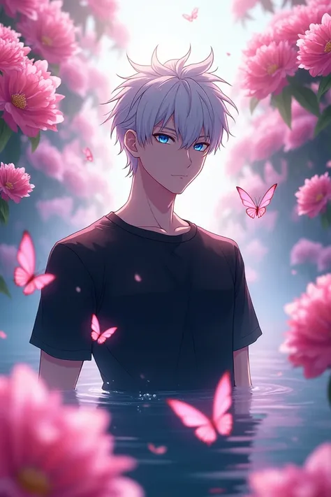 absurdres,  high resolution, Ultra Detailed, HDR, masterpiece,  Top Quality, Gojo Satoru,  White Hair ,  expressive blue eyes , white eyelashes, Jujutsu Kaisen,  black tight t-shirt, Alone,  sexy man ,  good-looking, Fantasy, shining, water, pink flower, P...