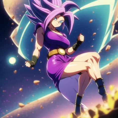 dbsuper style, 
Petite , green aura, super saiyan aura, belt, purple colored hair, huge hair, bruise, bruise on face, clenched hands, frown, Mages hat, gloves, blue eyes, grey gloves, evil grin, medium breasts, petite, soft muscles, solo, spiked hair, supe...