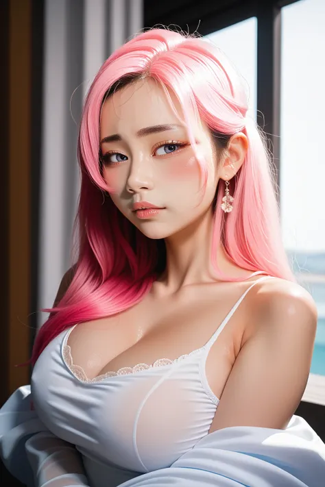 beauty, ((（(best Illustration)、(masterpiece, best), (((Young beauty pink hair Asian girl, Ulzzang, blush, Large Breasts, Excellent anatomy, masterpiece, Highest quality,Practical, hyperPractical, 16K High Dynamic Range,、