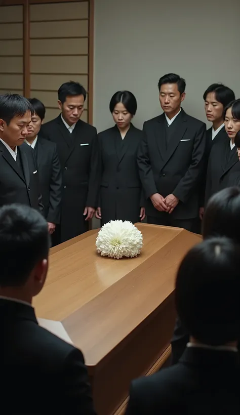 Make a photo of me visiting the funeral home, Korean funeral home, white chrysanthemum flower, 10 men and women, Korean people,