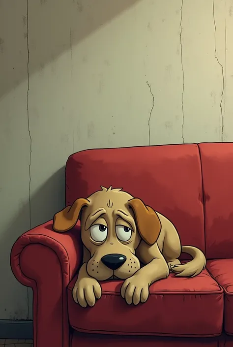 Sad Dog laying in sofa lonely, red sofa and the wall is dirty white color animated