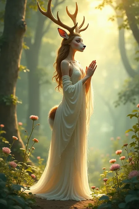 An anthropomorphic female deer goddess saying a prayer