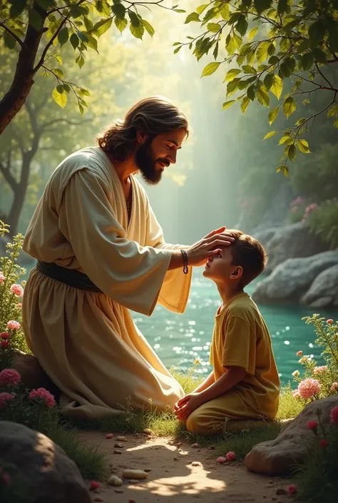 Jesus anointing boy with oil on head with beautiful nature 