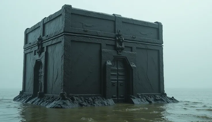 The finished chest ,  clad in bitumen ,  with its imposing three-story structure ,  a single door and ventilation opening ,  ready to face the waters of the impending flood