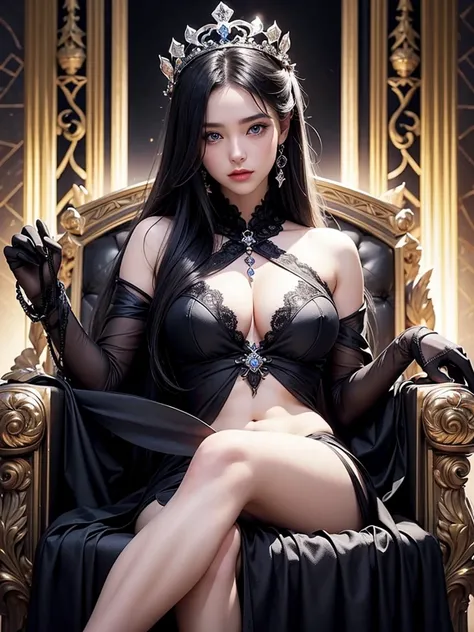 Queen of the Underworld、 Persephone 、 Greek Mythology 、Throne、throne,Black see-through dress、Nakedness is visible、 Big Breasts 、Small waist、Black shiny long hair、 white skin、 blue eyes、