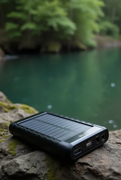 power bank solar black colour with jaguar brand at the river



