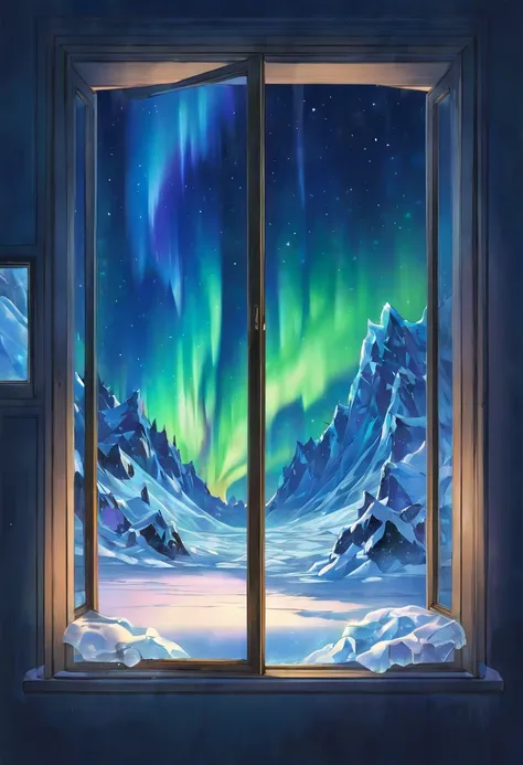 Sirius seen from a window made of ice at night、Curtains of the Northern Lights