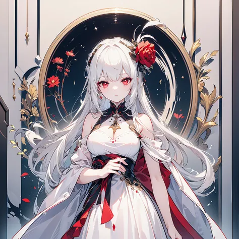 ( Ultra Detailed :1.2,   Masterpiece :1.2,  best quality:1.2,  high definition :1.2),  A woman with a spiders lower body、White Hair、White clothes、Red eyes、Arachne