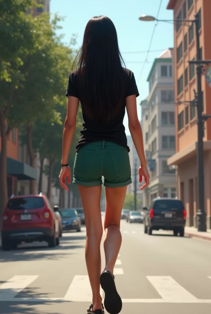  girl, latina, long straight black hair, With your back walking down the street ,  wearing green shorts ,  black t-shirt and a black papete on the feet