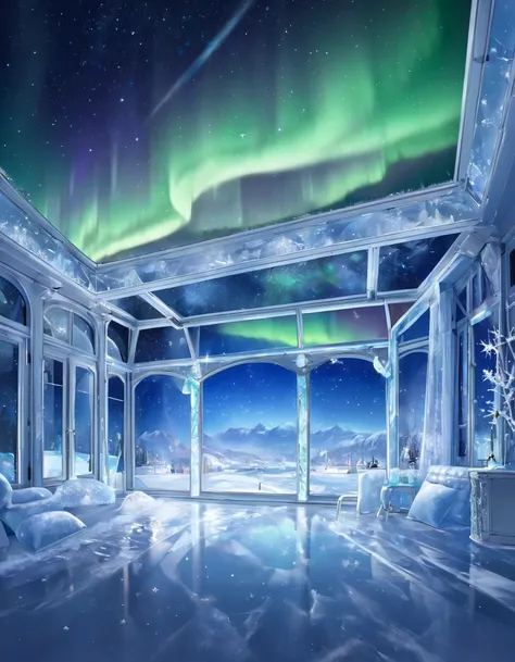 European room made of ice with a view of the winter starry sky、Curtains of the Northern Lights