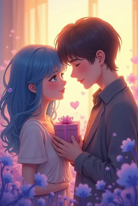  Create a romantic and intimate cover for a book,  with a couple in a tender moment .  The blue-haired woman must be smiling at the man,  that holds a small box with a gift .  The background must be soft ,  with warm and welcoming tones like gold , purple ...