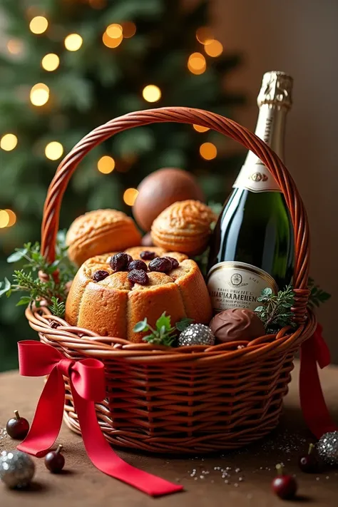 Christmas basket with champagne and Christmas food panettone chocolates very delicatessen things 