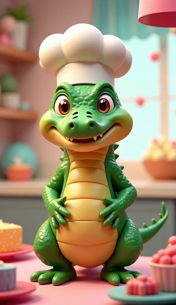 cute crocodile, cartoon, arms, legs, cute eyes, looking at viewer, standing, wearing a chef hat in a candy kitchen, glossy skin, reflex, colorful