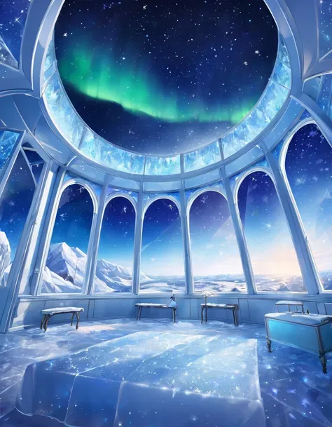 European room made of ice with a view of the winter starry sky、Curtains of the Northern Lights